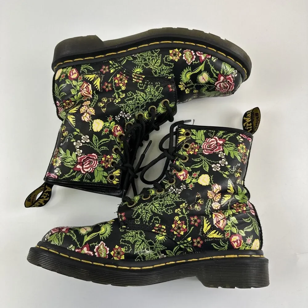 Dr Martens Floral Bloom Leather Combat Boot Lace Up Ankle Black Pink Womens 6 - Picture 8 of 13